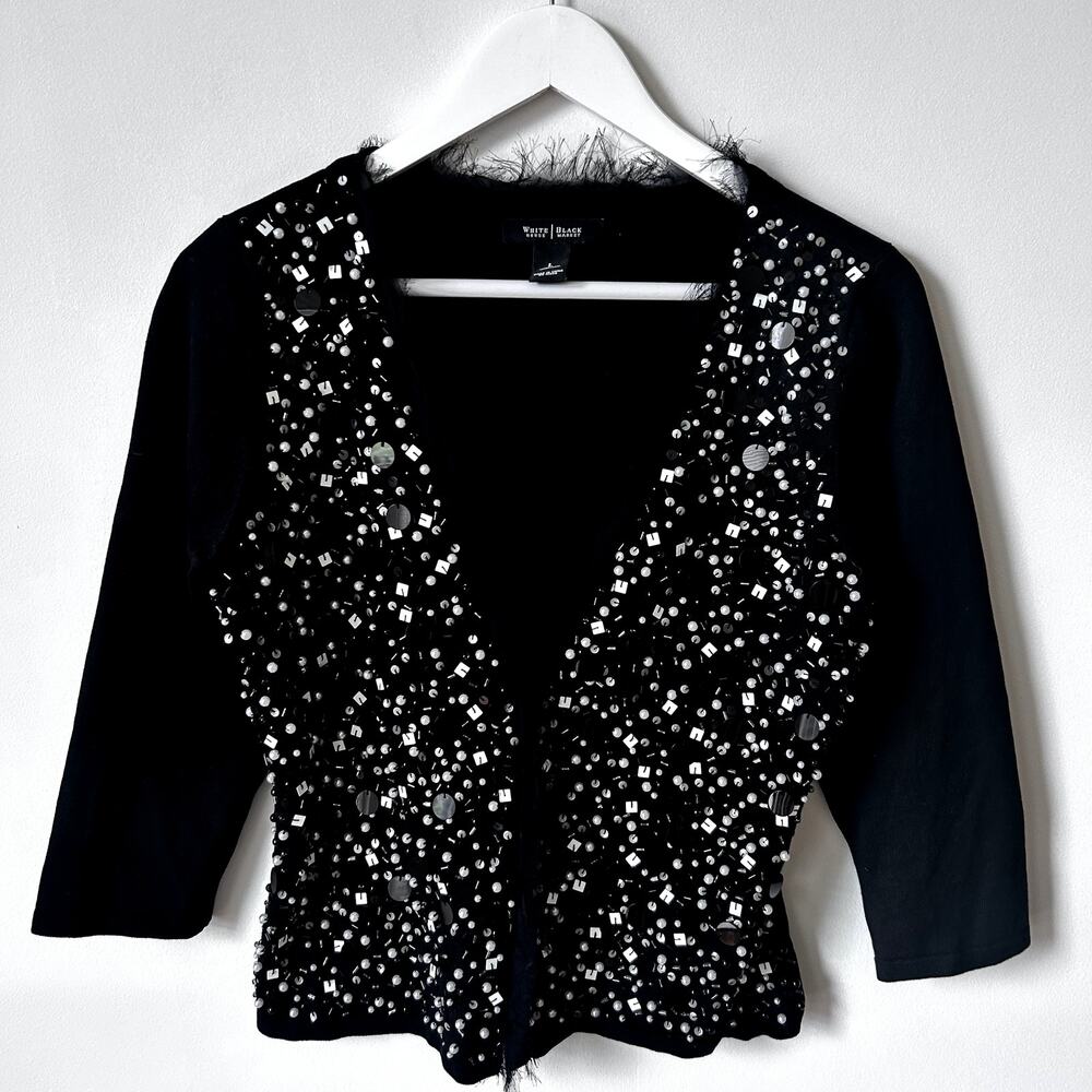White House Black Market Silk Blend Cardigan Size L Blzck Beaded Fringe Sequin